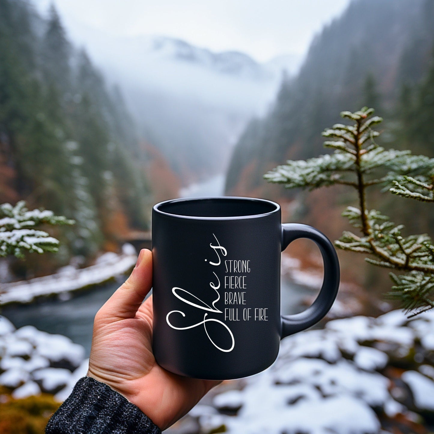 She is Strong Fierce Brave - Bible Verse Faith Coffee Mug - Christian Religious - Dad Mug with Affirmations - Supportive Baptism Gift - Raiden Gate Design