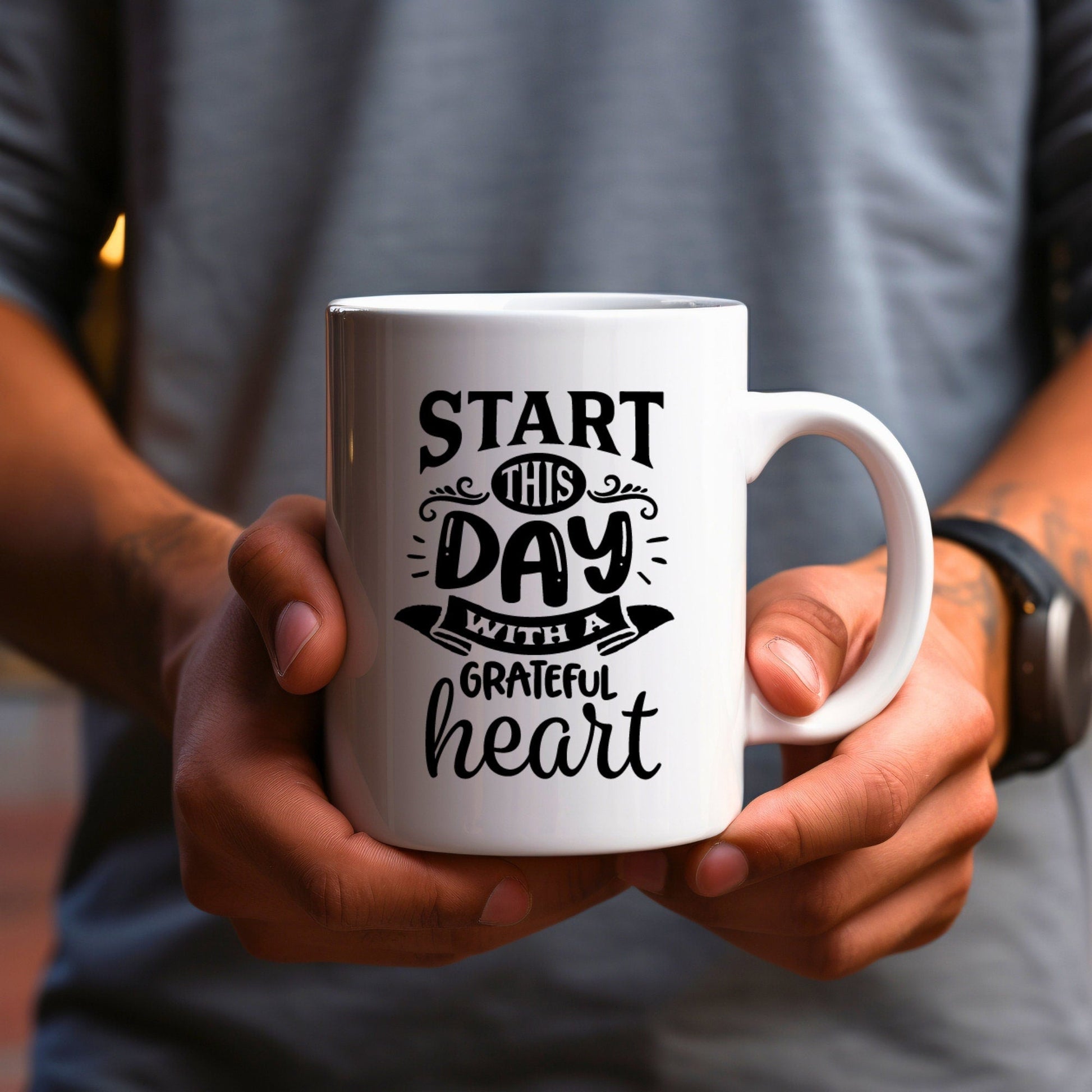 Start this Day with a Grateful Heart - Bible Verse Faith Mug - Christian Religious - Dad Mug with Affirmations - Supportive Baptism Gift - Raiden Gate Design