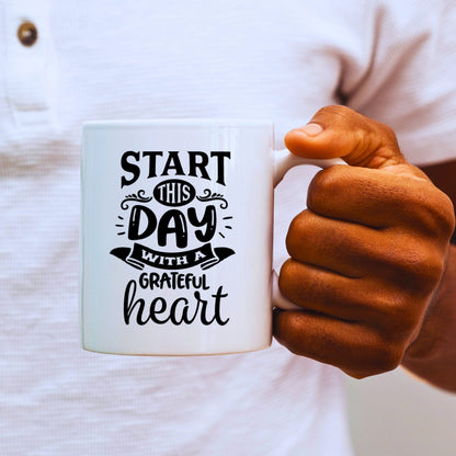 Start this Day with a Grateful Heart - Bible Verse Faith Mug - Christian Religious - Dad Mug with Affirmations - Supportive Baptism Gift - Raiden Gate Design